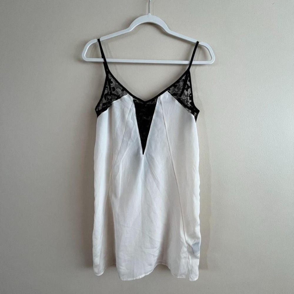 Maison‎ du Soir Satin Slip Mini Dress XS White Black Lace Deep V Cami Y2K 90s